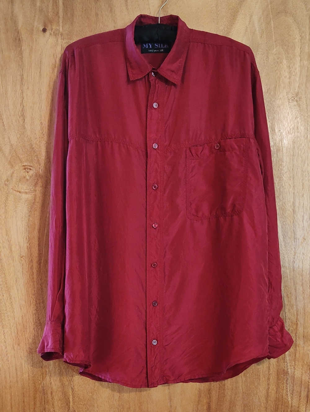 90s Vintage My Silk Mens Streetwear Button-Up Shirt Red Long Sleeve 100% Silk M
